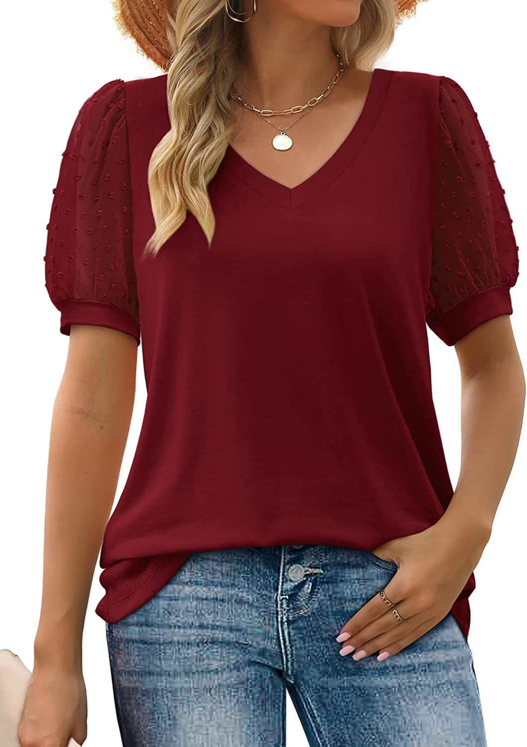Blouse Col V à Manches Bouffantes Plumetis pour Femme