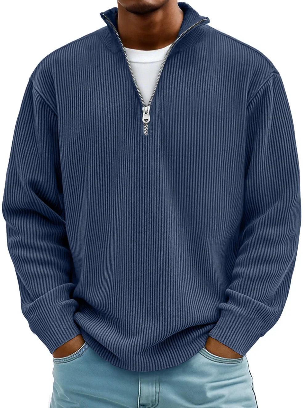 Ribbed Men's Pullover with Zippered Collar