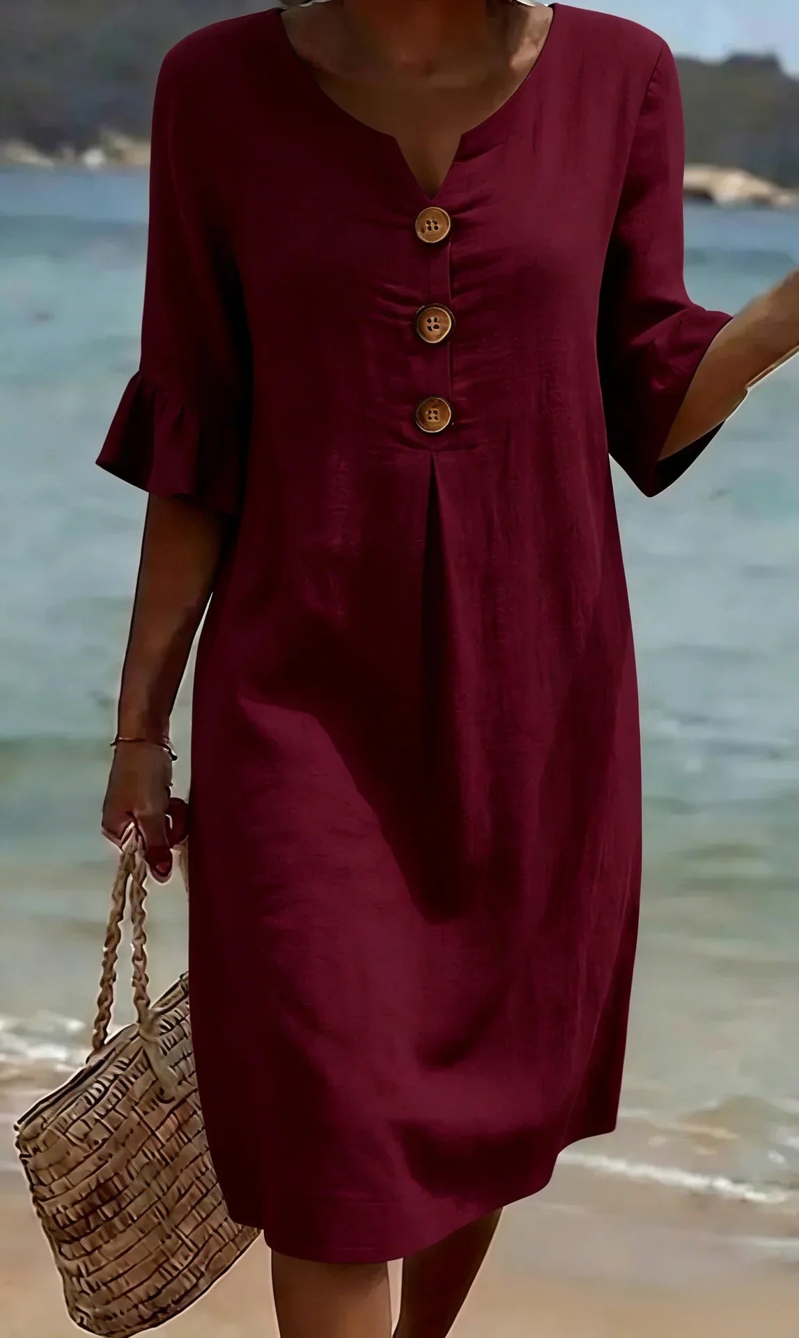 Robe Midi Femme Décontractée à Boutons Décoratifs et Manches Volantées Élégantes