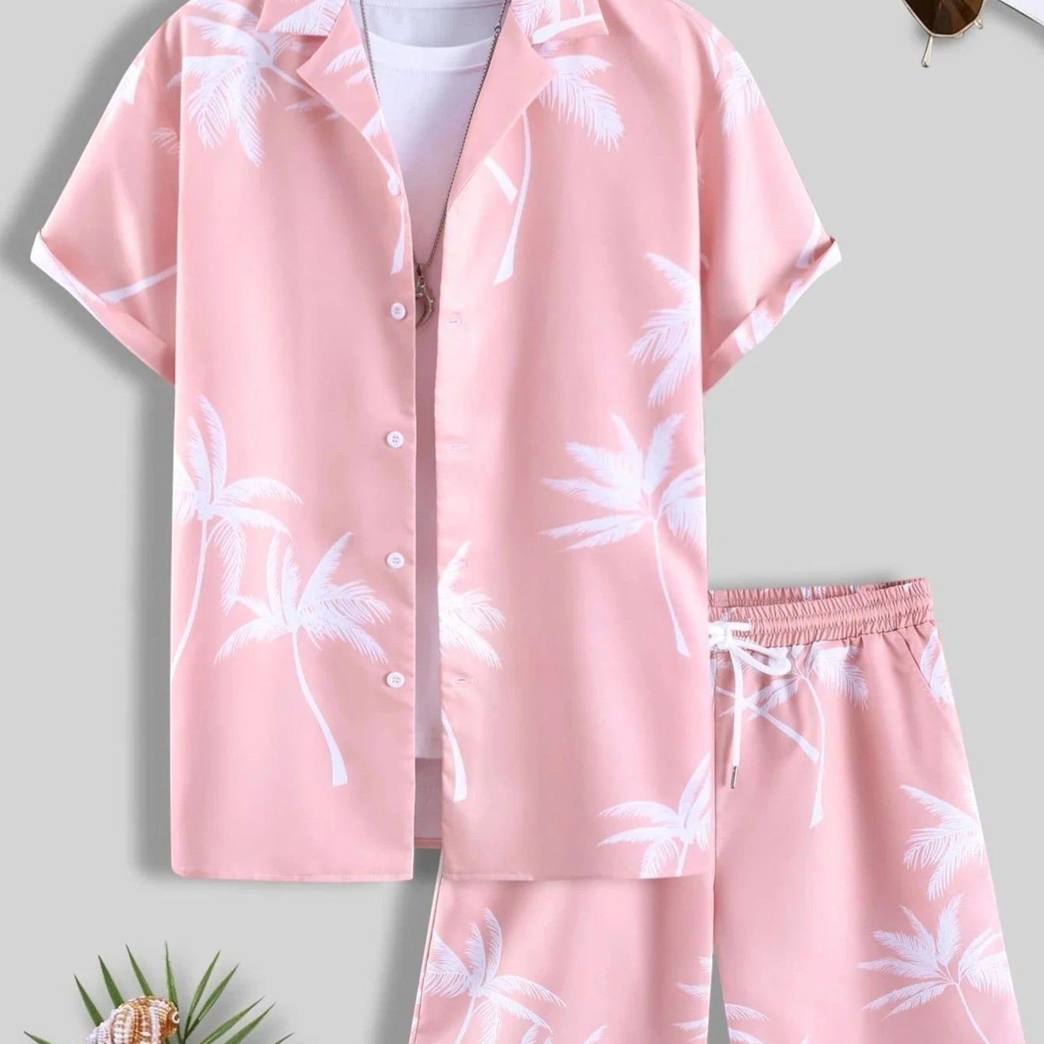 Short Sleeve Shirt and Tropical Print Shorts Set for Men