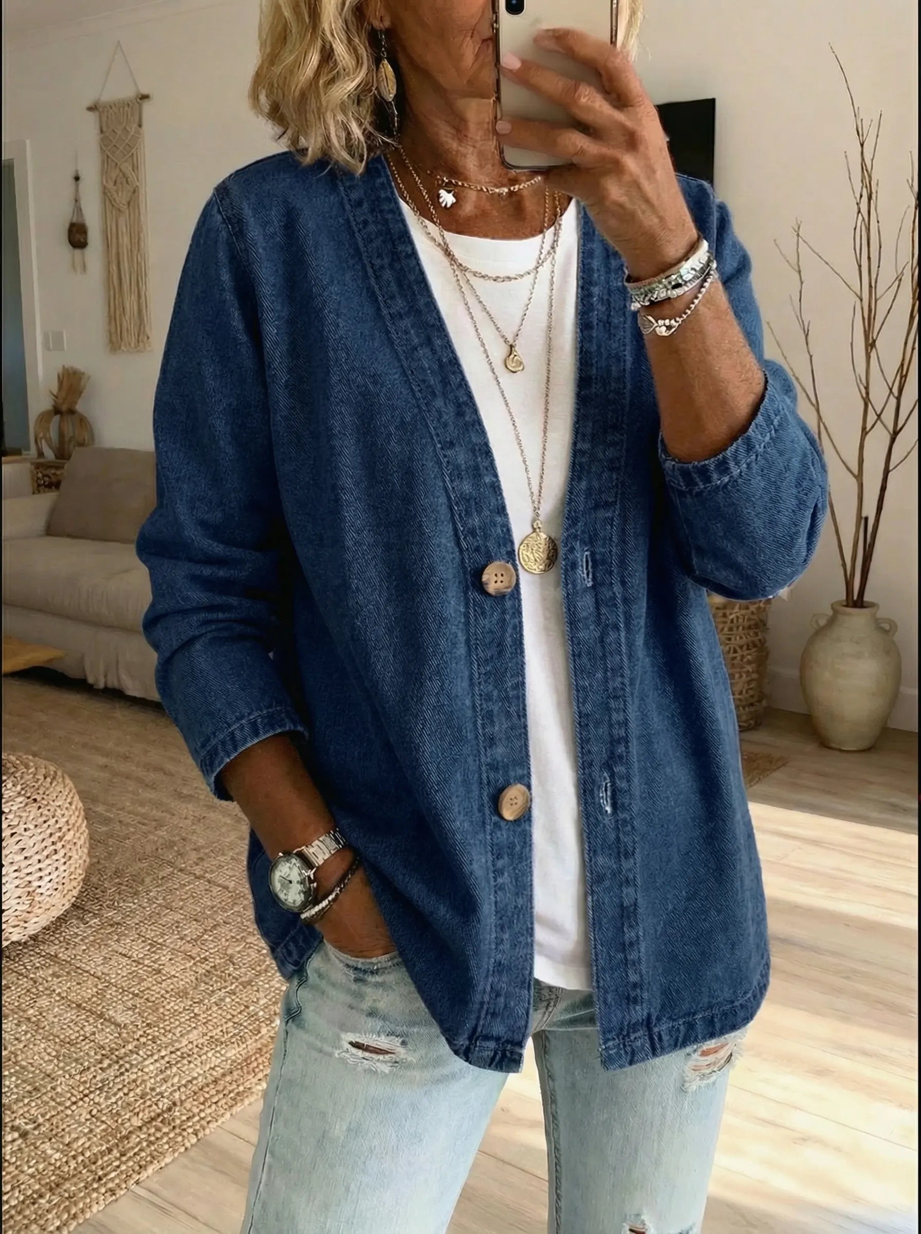 Casual Button-Up Denim Cardigan for Women
