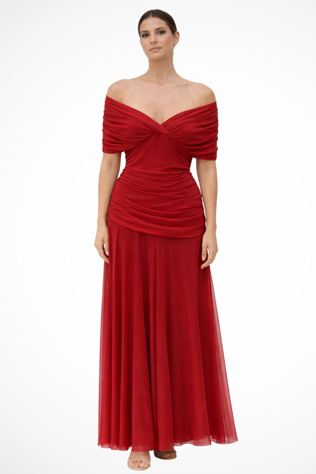 Robe Longue Femme Col Bardot Drapé Élégant