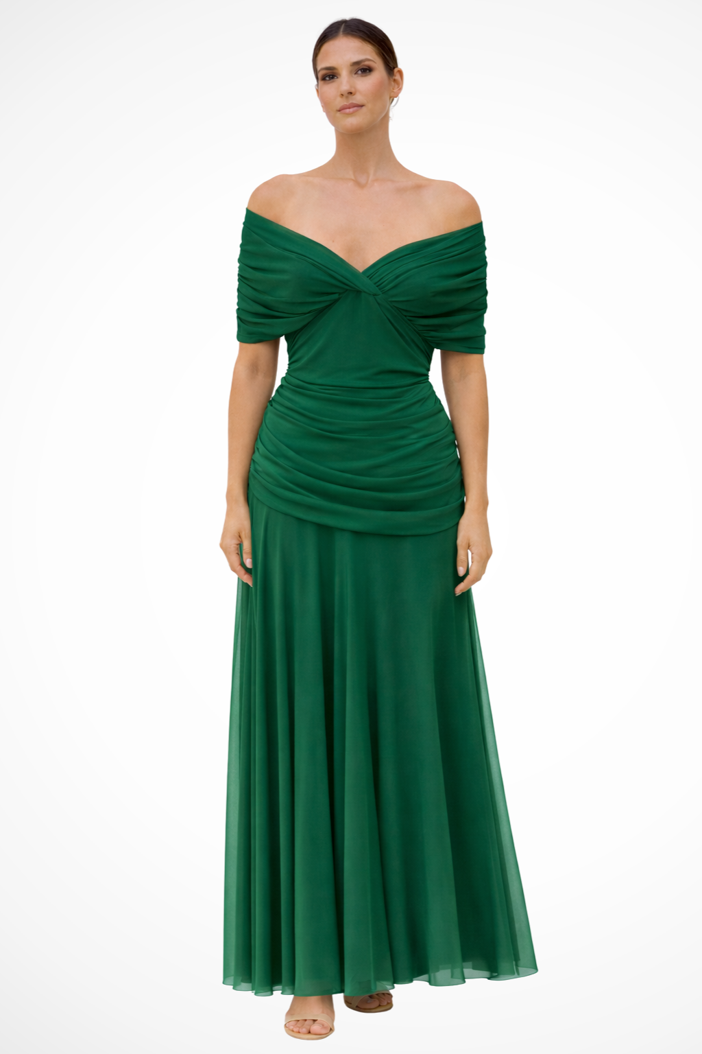 Robe Longue Femme Col Bardot Drapé Élégant