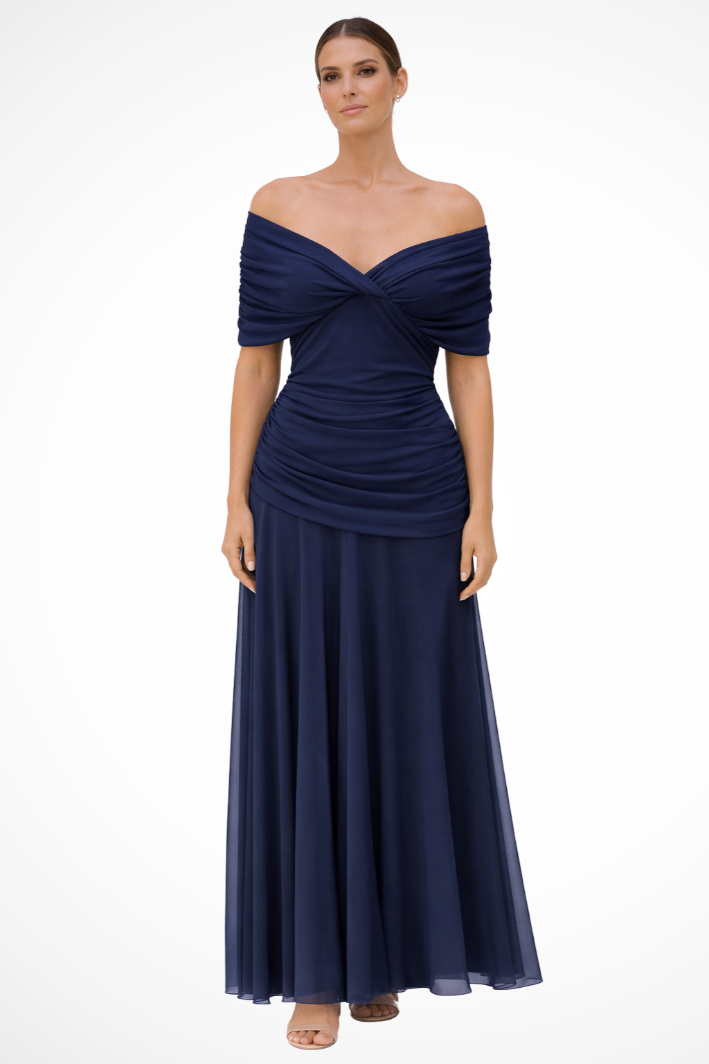 Robe Longue Femme Col Bardot Drapé Élégant