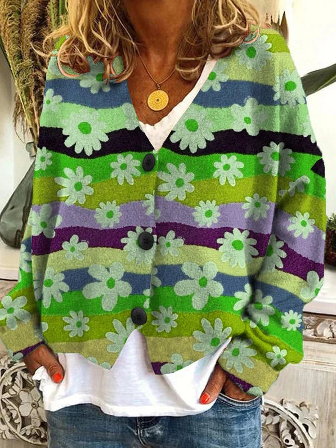 Casual V-Neck Cardigan with Colorful Floral Pattern for Women