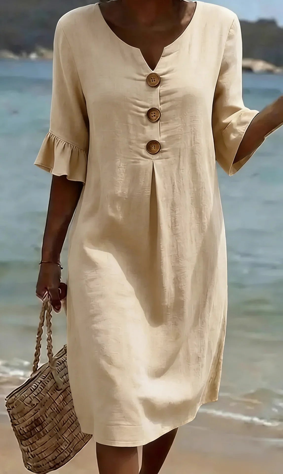 Robe Midi Femme Décontractée à Boutons Décoratifs et Manches Volantées Élégantes