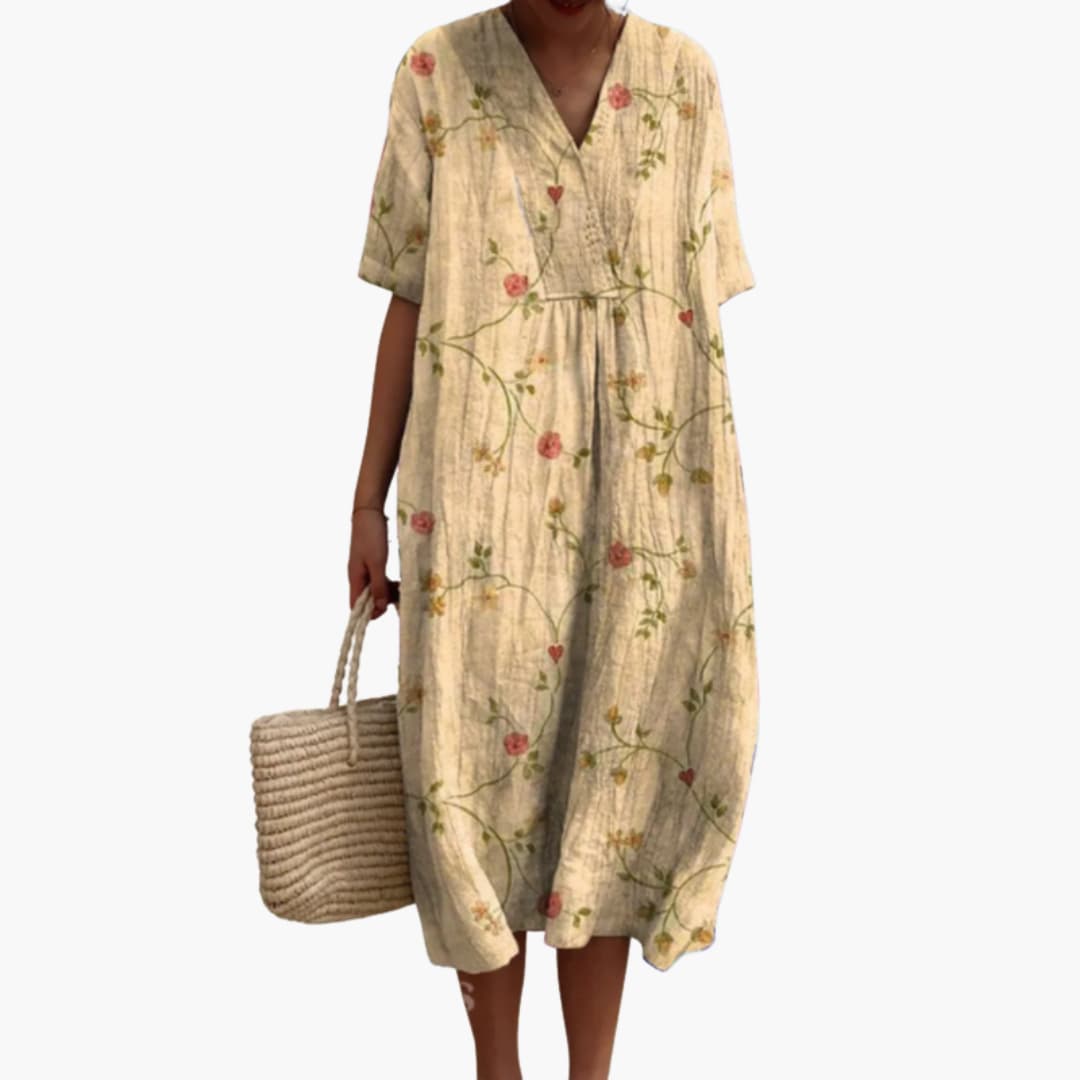 Robe Midi Fleurie Décontractée à Col V pour Femme