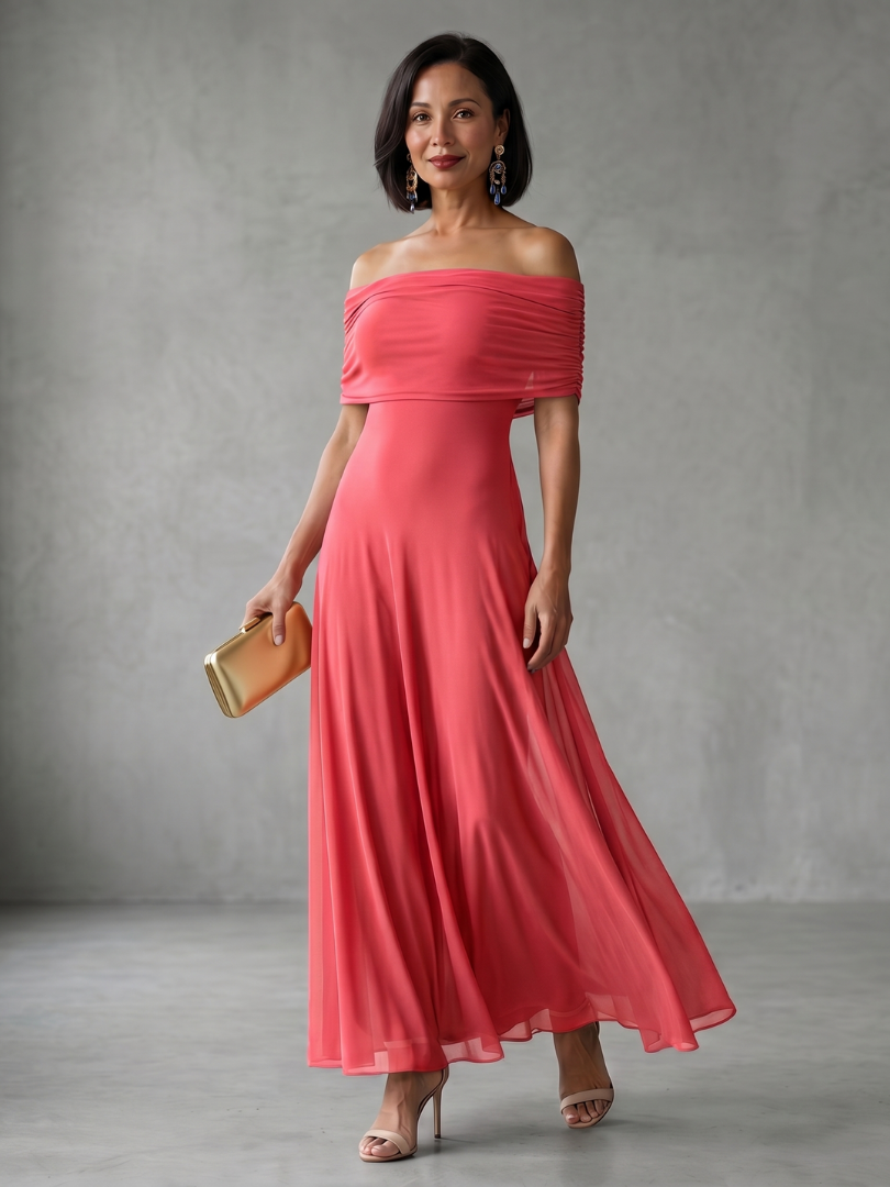 Women's Long Dress with Off-Shoulder and Flowing Cut