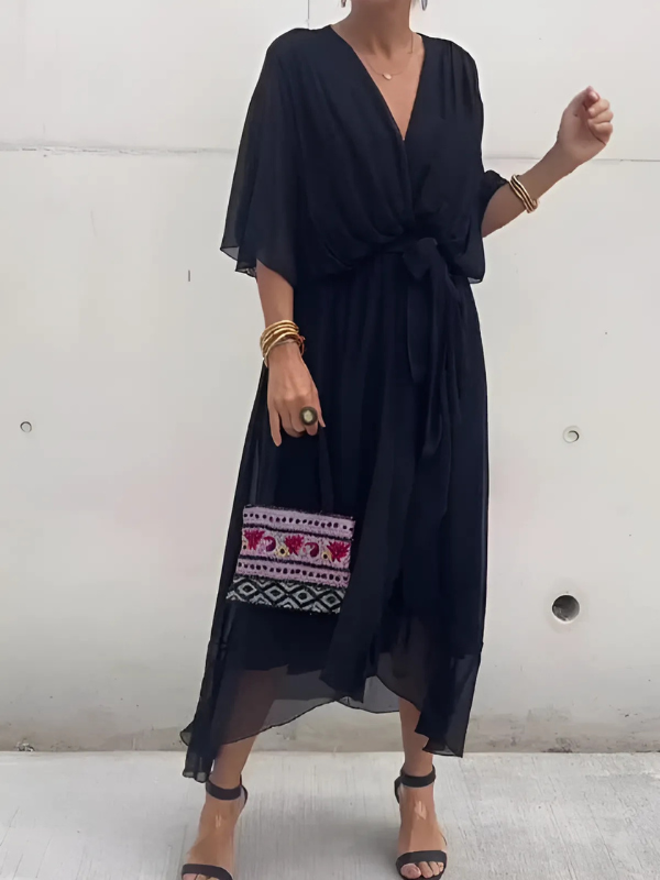 Robe midi fluide pour femme, col en V et manches chauve-souris