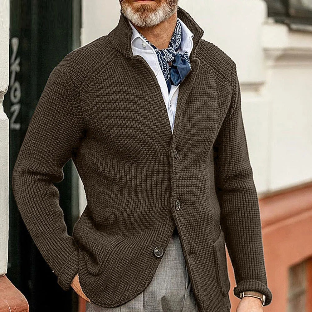 Men’s buttoned-up cardigan with a stand-up collar