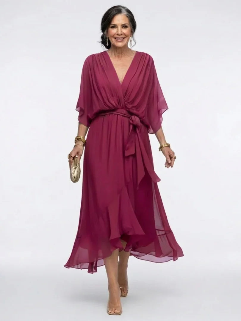 Vestido midi para mujer con escote cruzado fluido y cinturón anudado