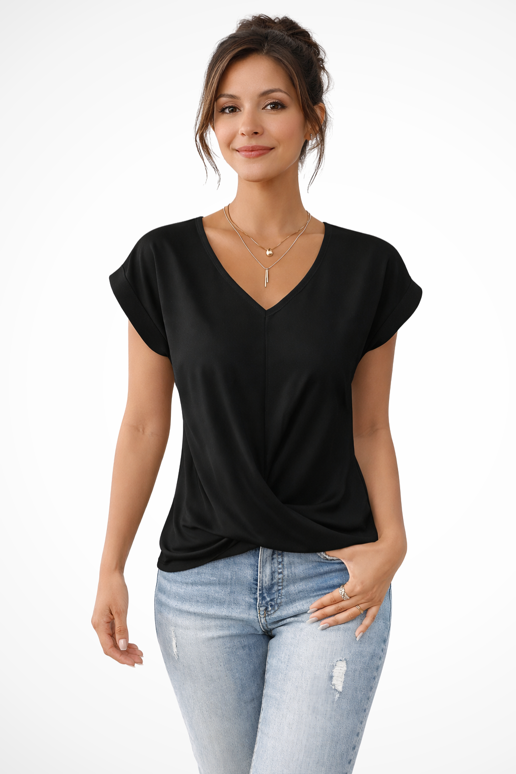 T-Shirt Femme Col V Drapé Décontracté Chic