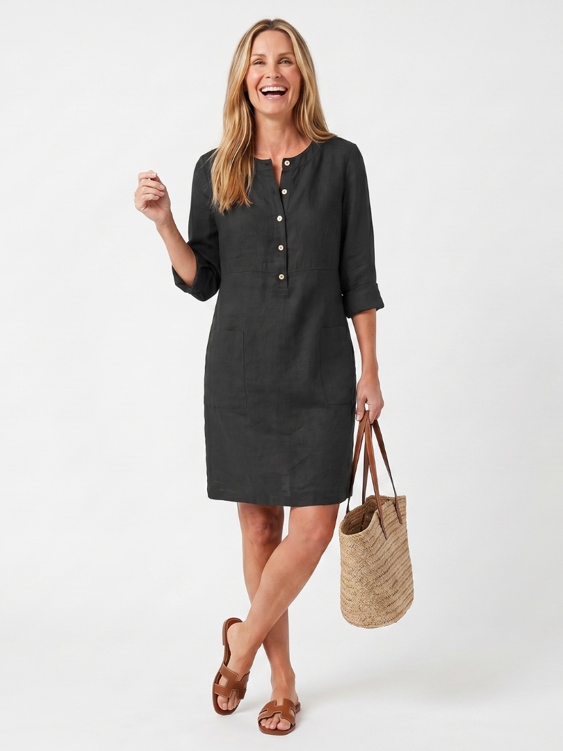 Casual Women's Tunic Dress with V-Neck and 3/4 Sleeves