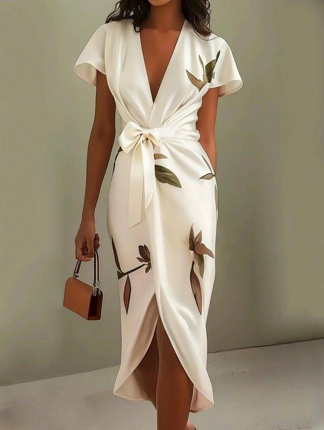 Robe Midi Cache-Cœur Fleurie à Col V avec Ceinture à Nouer pour Femme