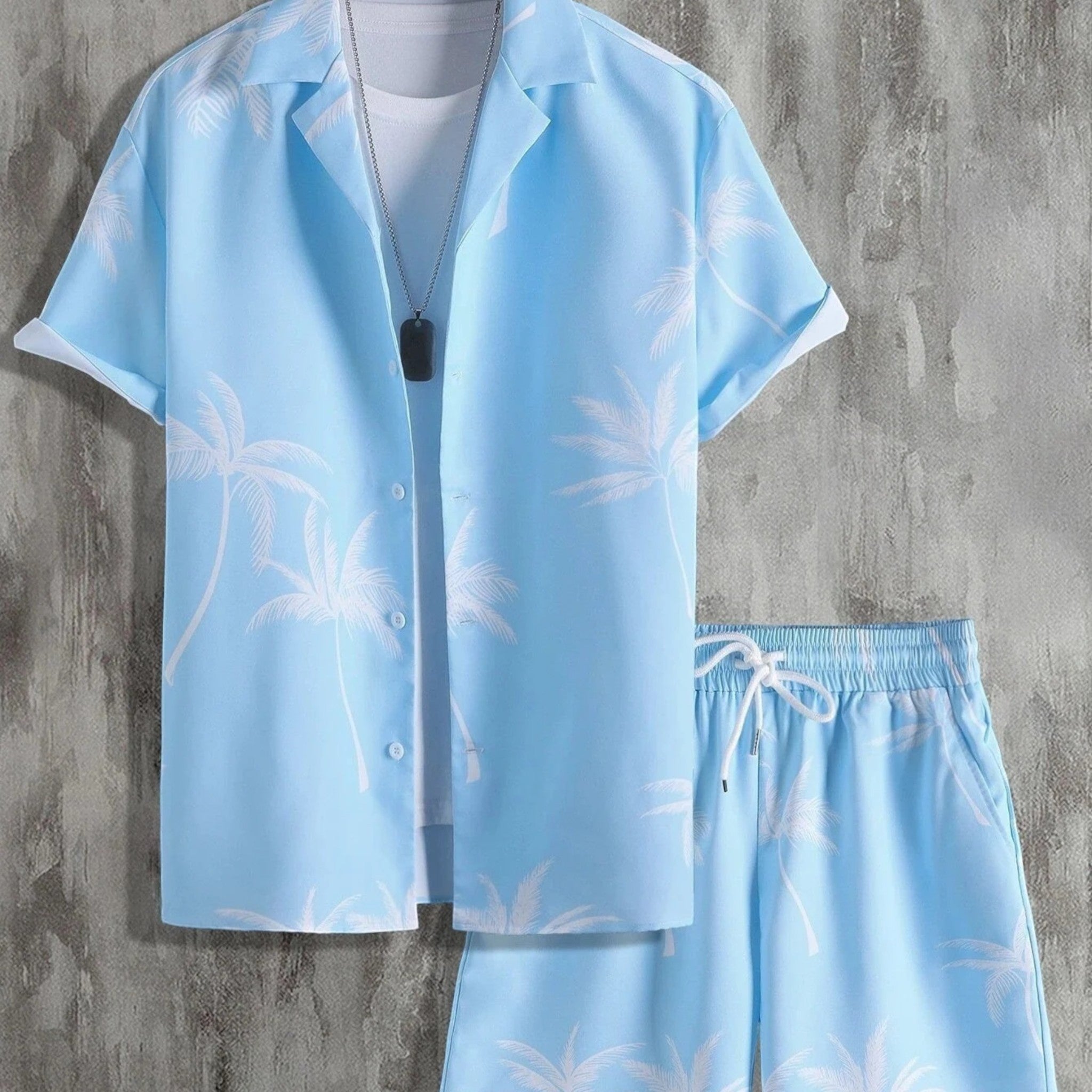 Short Sleeve Shirt and Tropical Print Shorts Set for Men