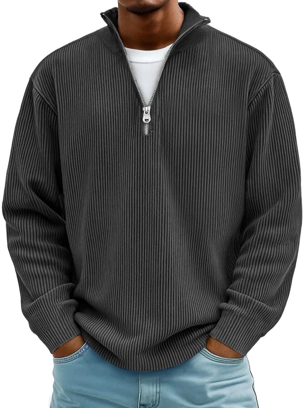 Ribbed Men's Pullover with Zippered Collar