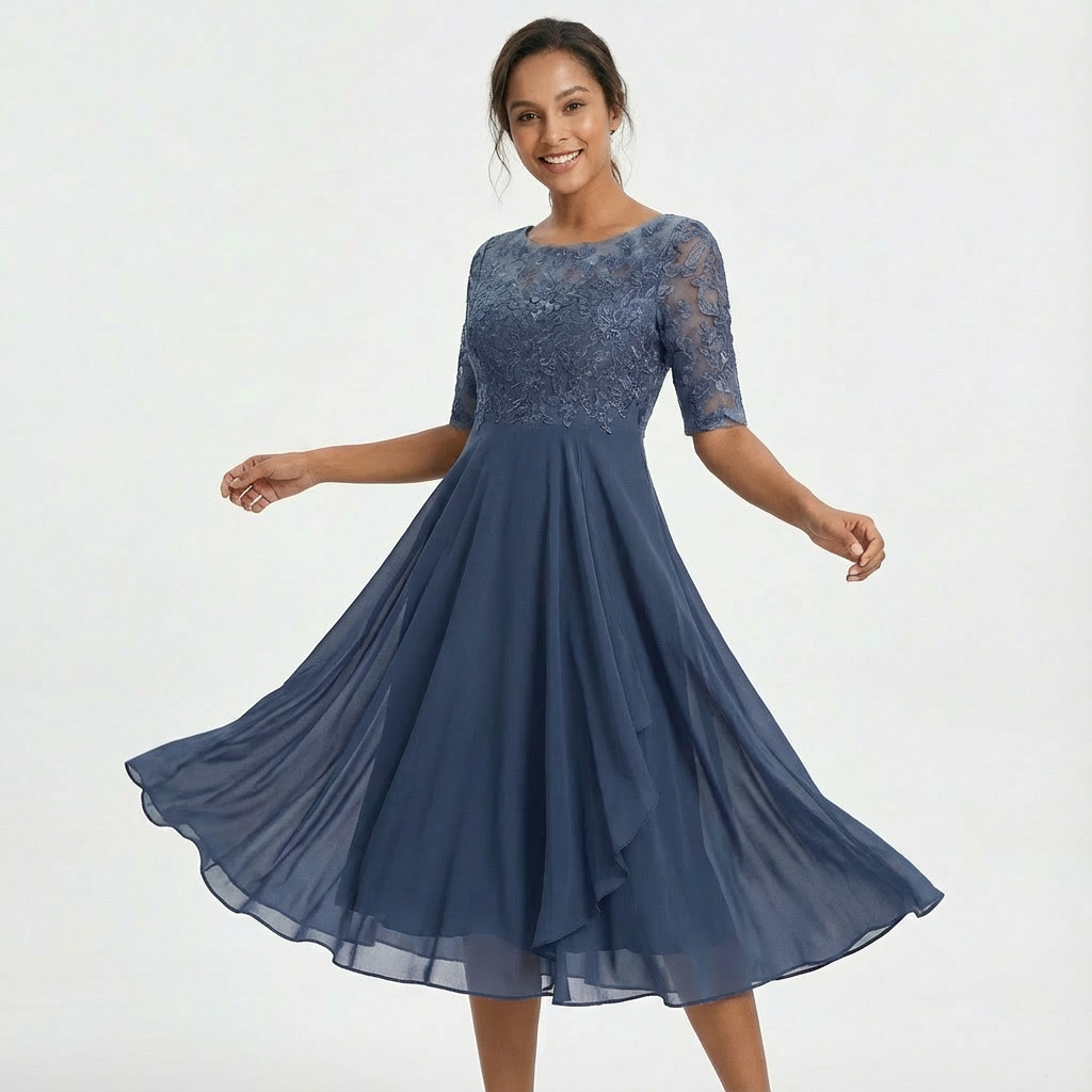 Robe de cérémonie midi en dentelle pour femme Eliza à manches mi-longues