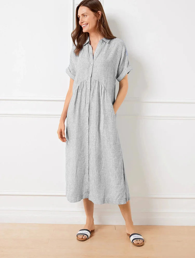 Robe Midi Rayée Décontractée à Boutonnage Frontal avec Col Chemise et Coupe Fluide