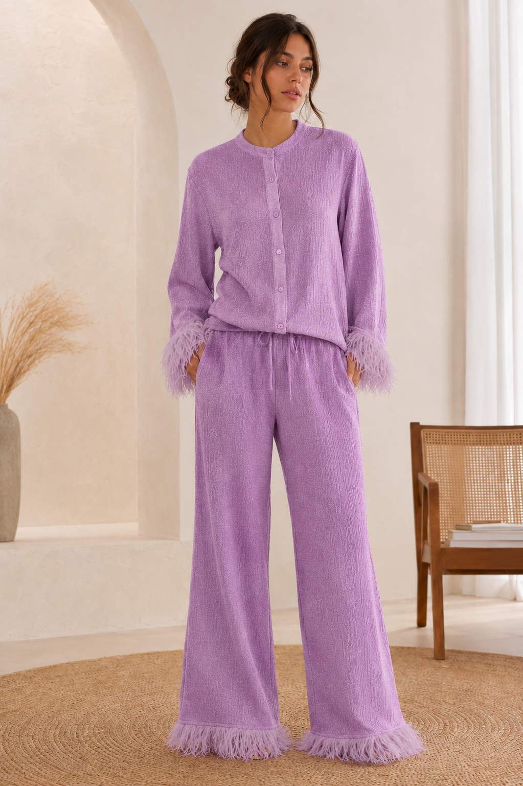 Women's Casual Outfit with Feathered Finishes
