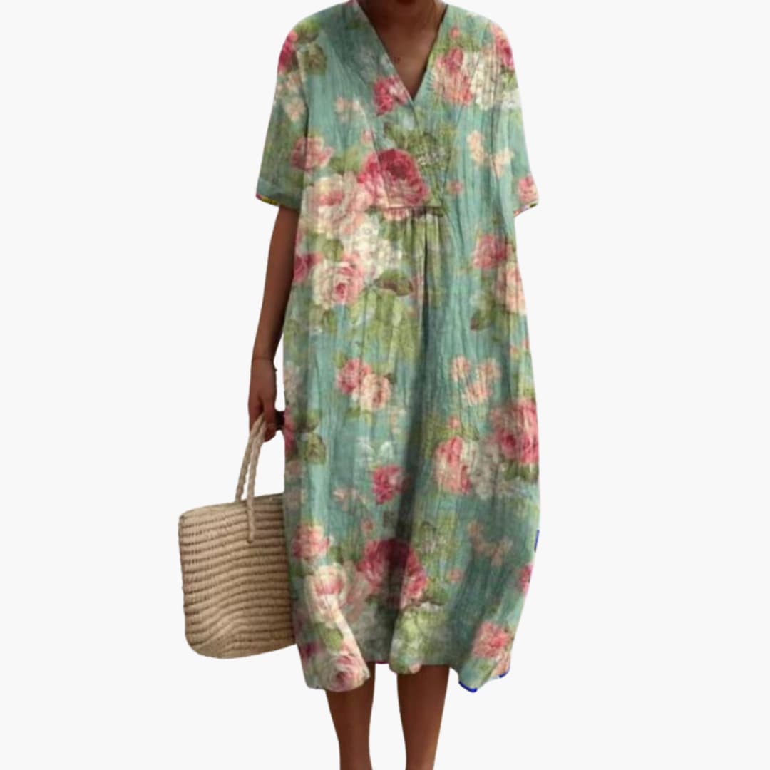 Robe Midi Fleurie Décontractée à Col V pour Femme