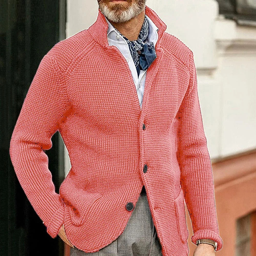 Men’s buttoned-up cardigan with a stand-up collar