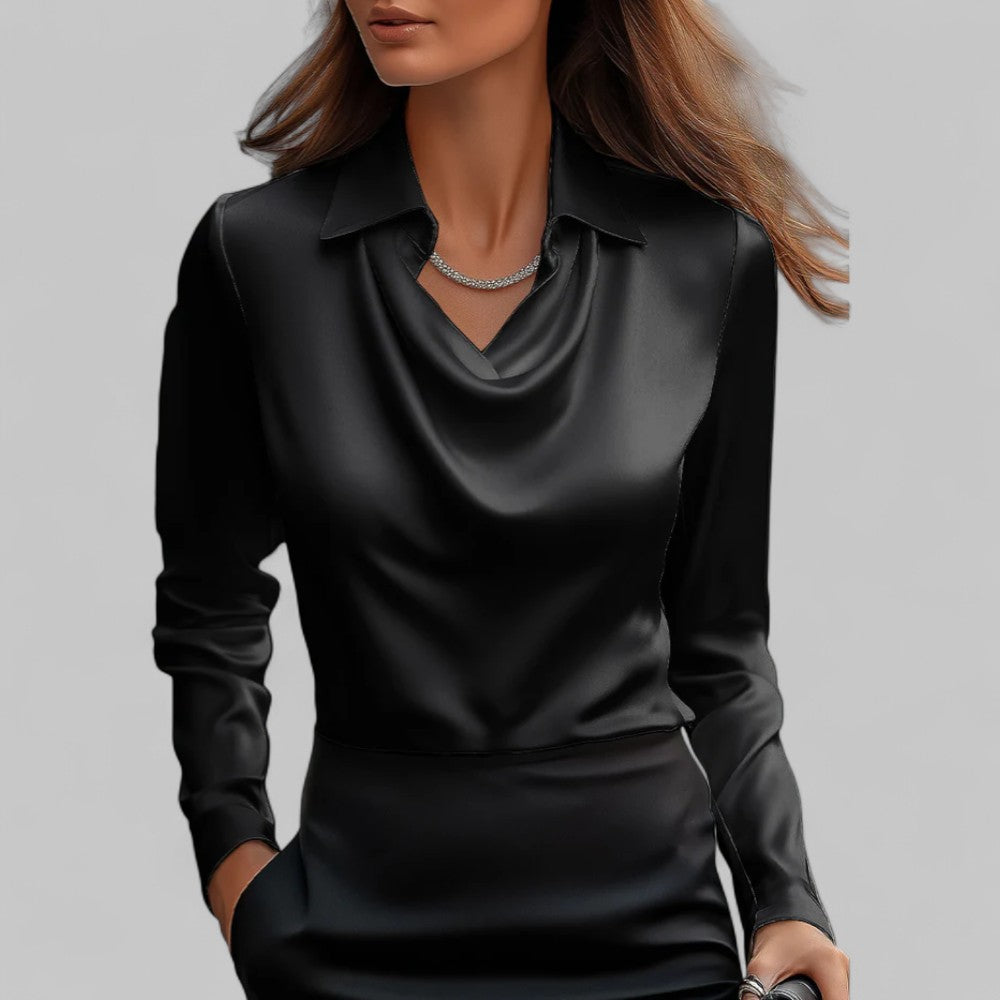 Rose| Satin Long-Sleeve Draped Collar Blouses for Women
