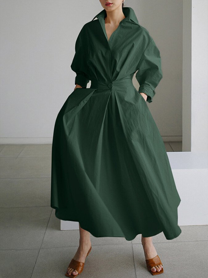Robe Maxi Élégante à Col Chemise et Manches Longues pour Femme
