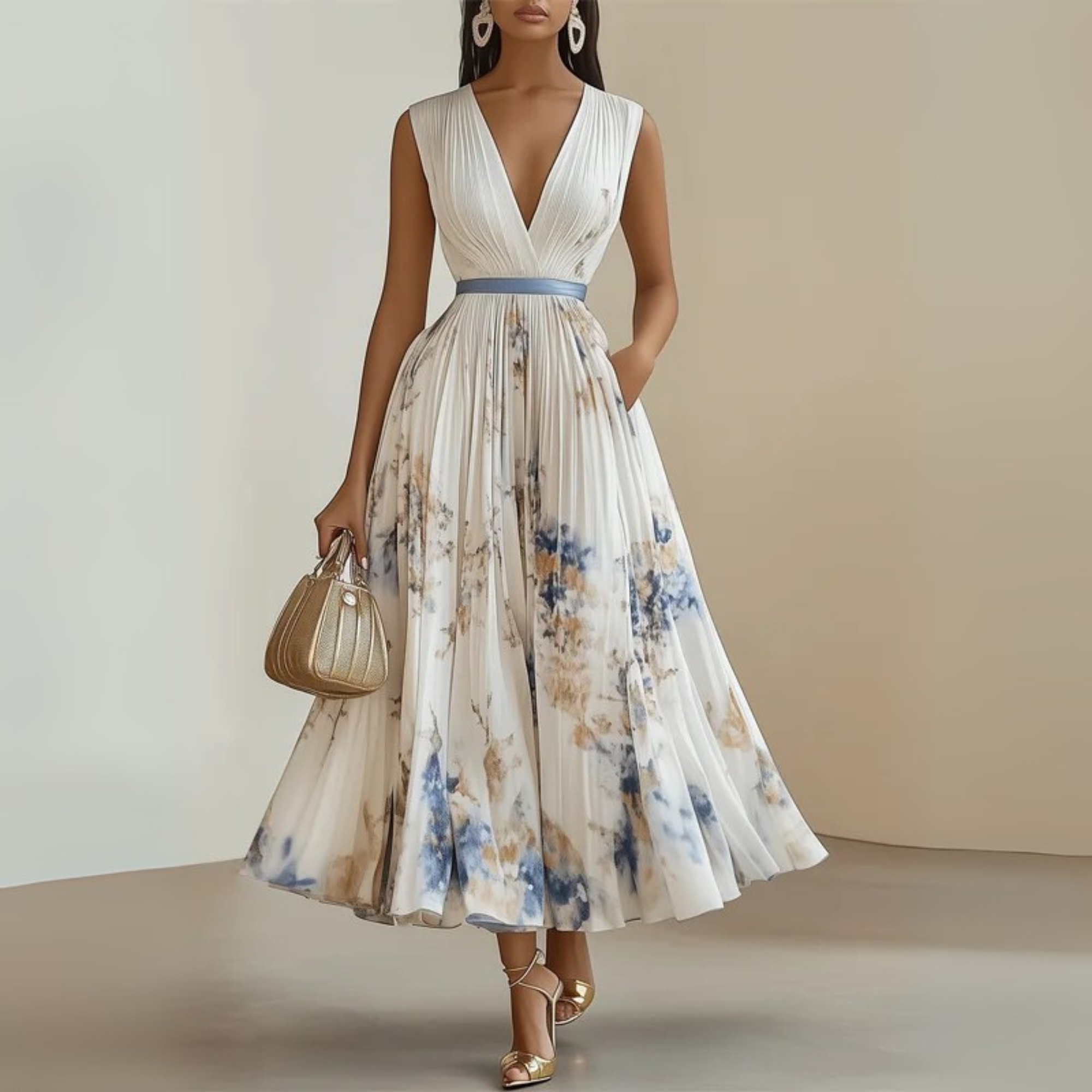 Robe midi femme sans manches col V imprimé floral taille cintrée élégante