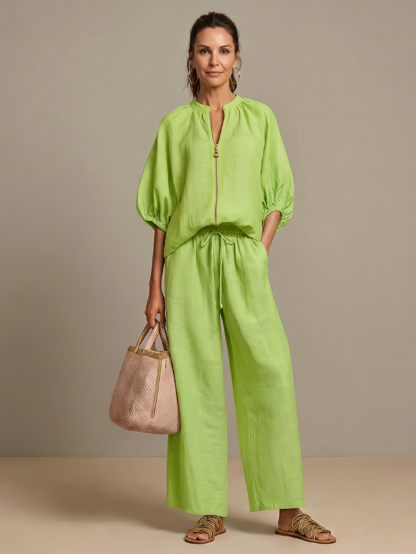 Women's 2-Piece Set with Zipper Closure and Loose Pants