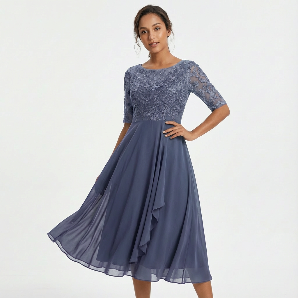 Robe de cérémonie midi en dentelle pour femme Eliza à manches mi-longues