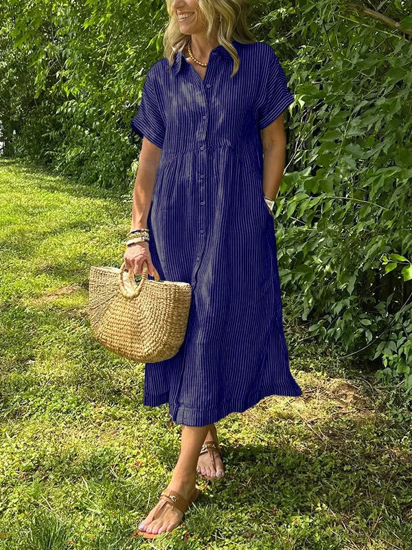 Robe Midi Rayée Décontractée à Boutonnage Frontal avec Col Chemise et Coupe Fluide