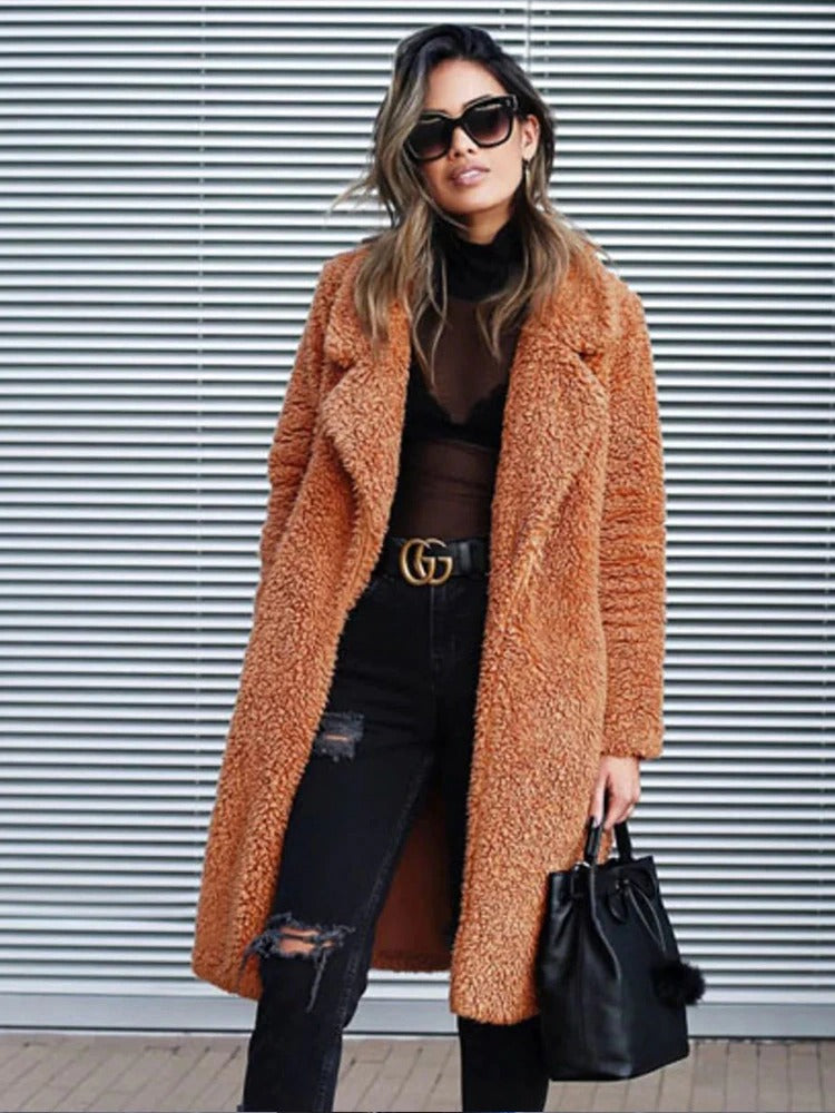 Women's Long Teddy Coat with Lapel Collar