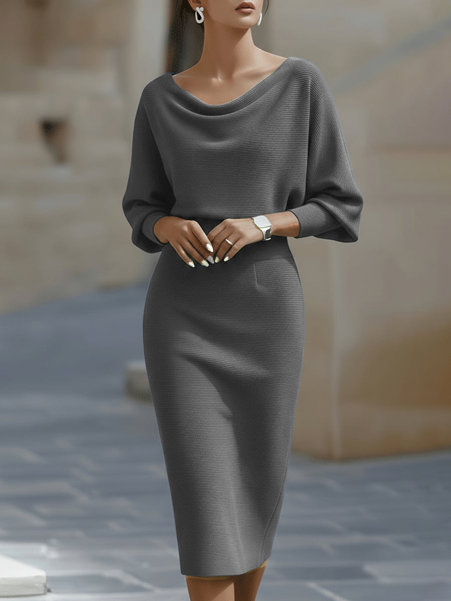 Women's Midi Dress with Draped Neckline