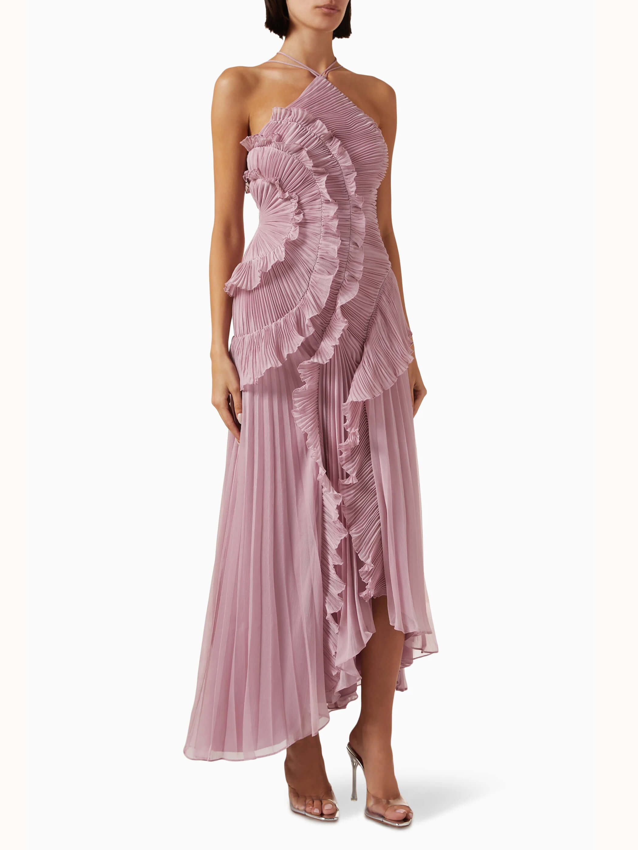 Robe Maxi Asymétrique Plissée à Volants Cascades avec Encolure Croisée