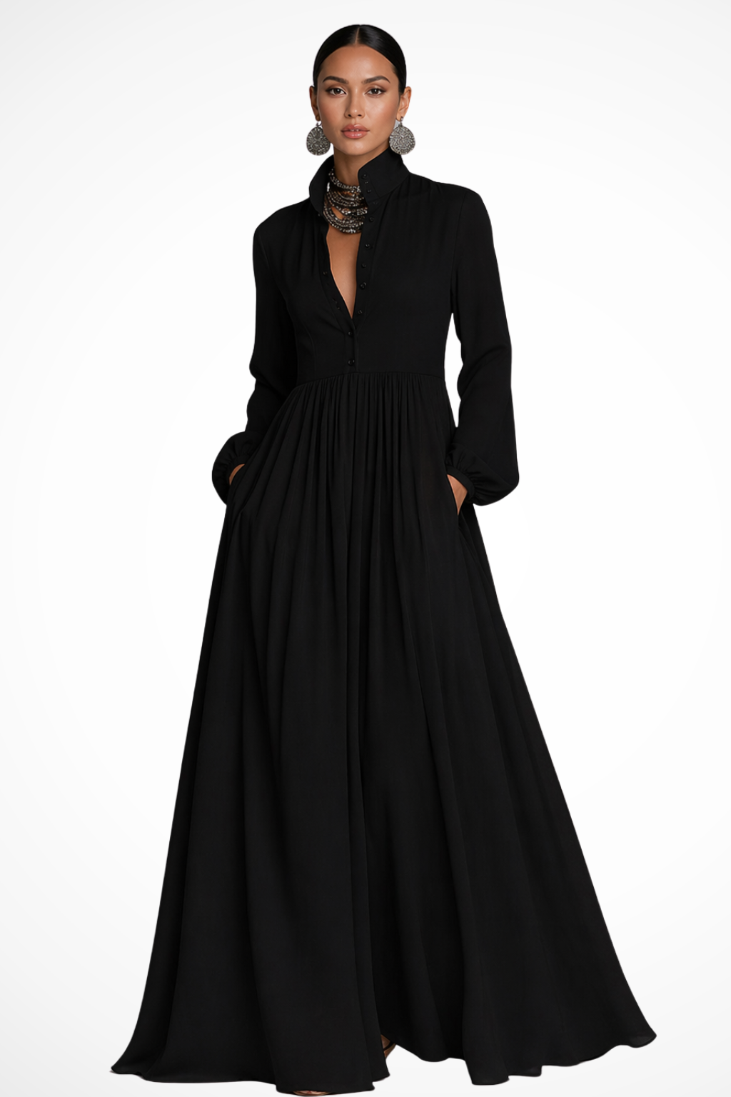 Vestido largo fluido con botones para mujer