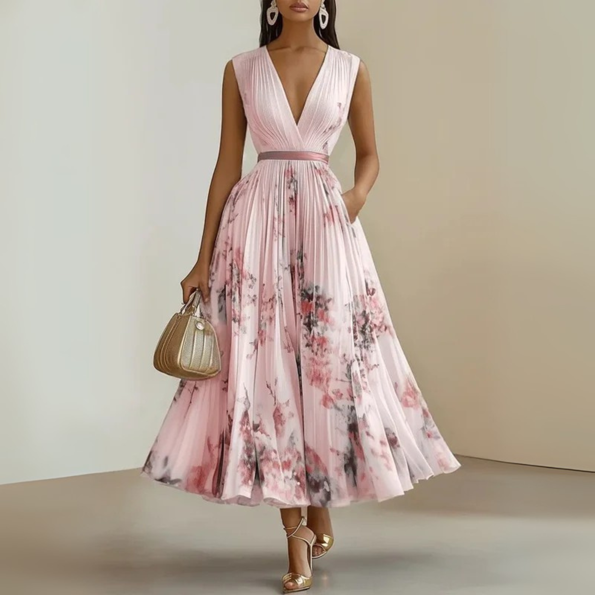 Robe midi femme sans manches col V imprimé floral taille cintrée élégante
