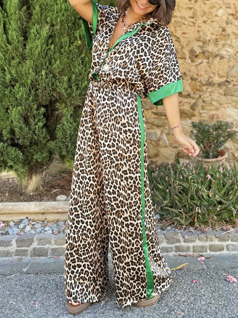 Women's Leopard Print Wide-Leg Jumpsuit with Tie Belt