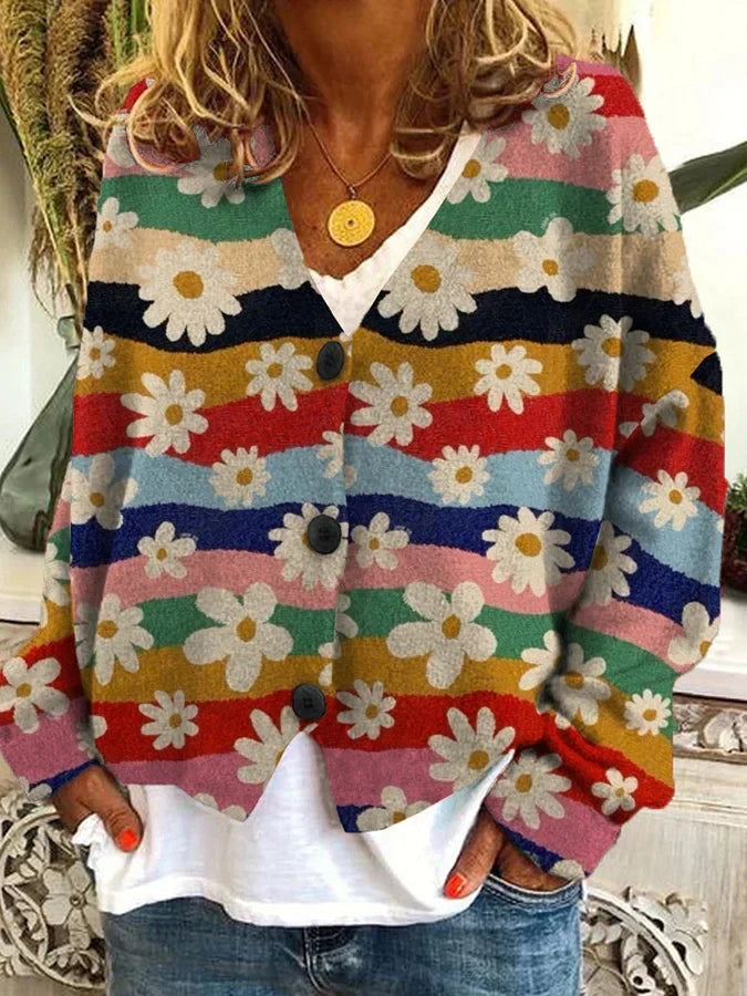 Casual V-Neck Cardigan with Colorful Floral Pattern for Women