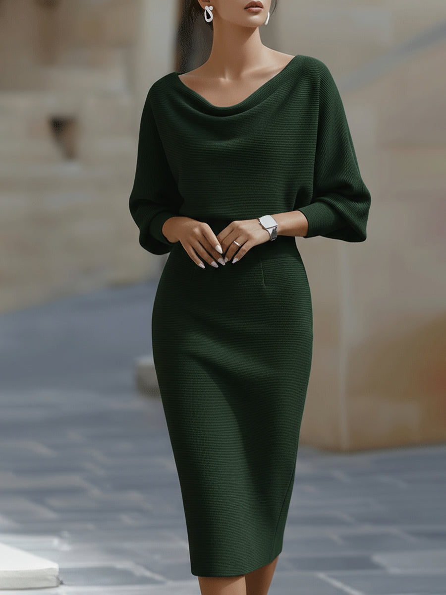 Women's Midi Dress with Draped Neckline