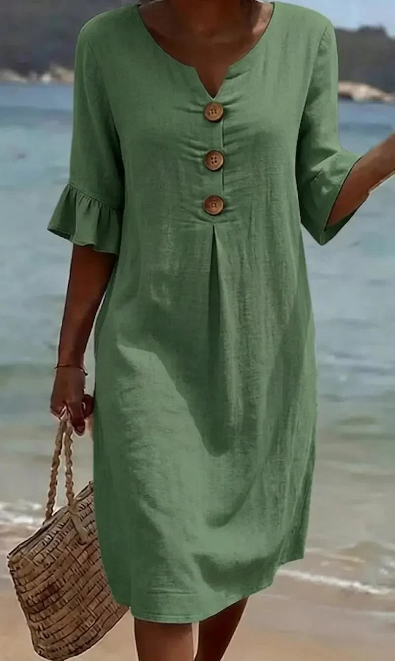 Robe Midi Femme Décontractée à Boutons Décoratifs et Manches Volantées Élégantes
