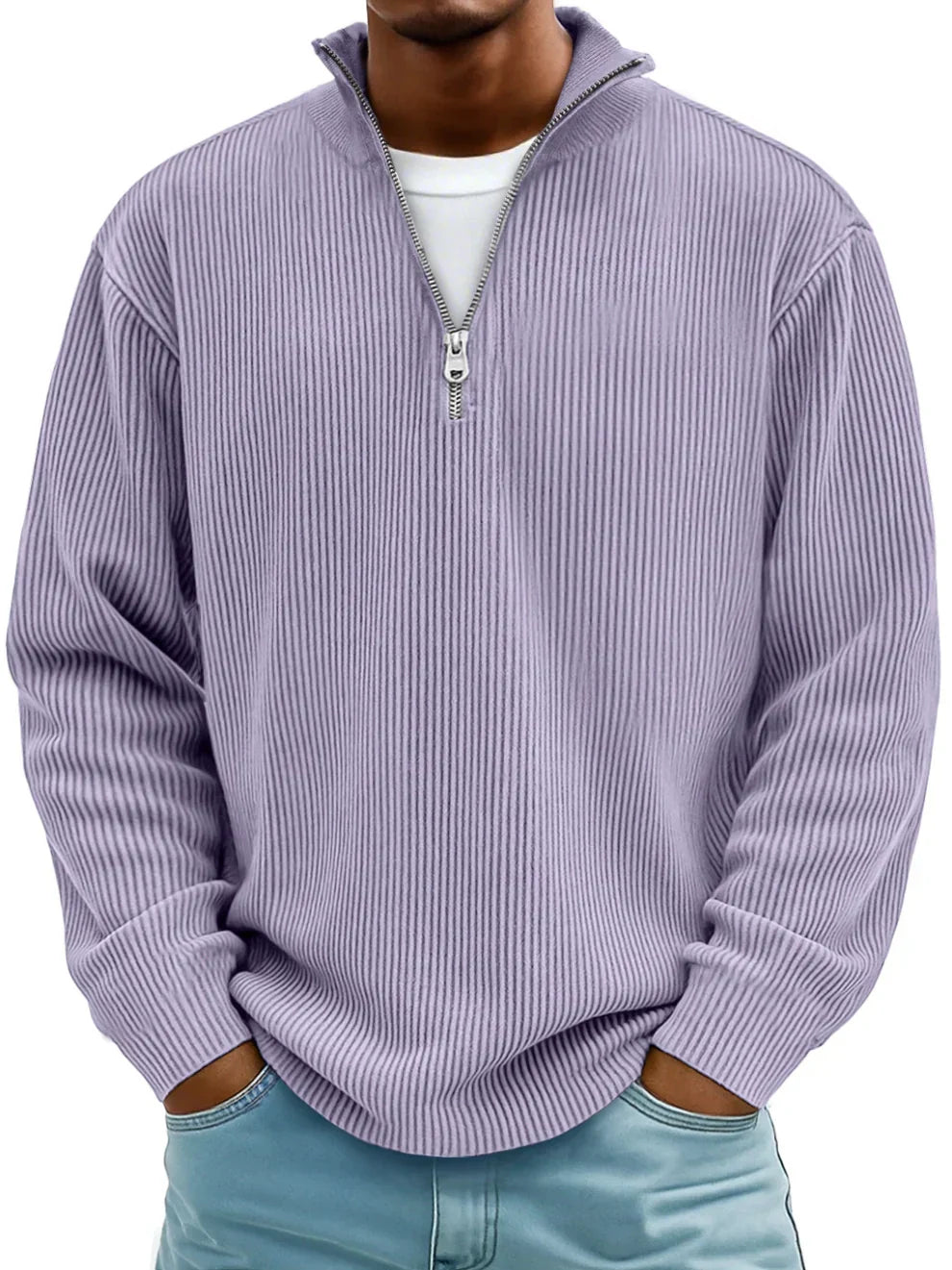 Ribbed Men's Pullover with Zippered Collar