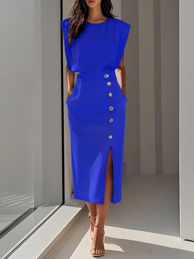 Sleeveless Midi Dress with Decorative Buttons and Slit