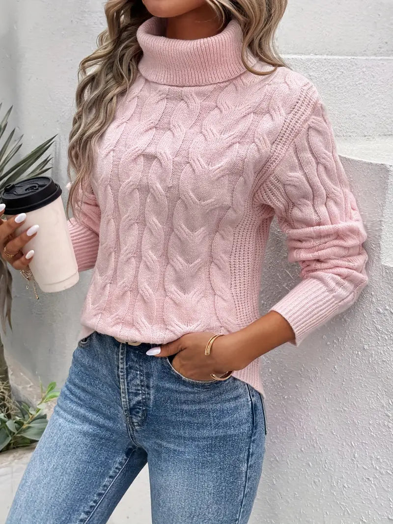 Pull Motif Torsadé Élégant Femme à Col Roulé