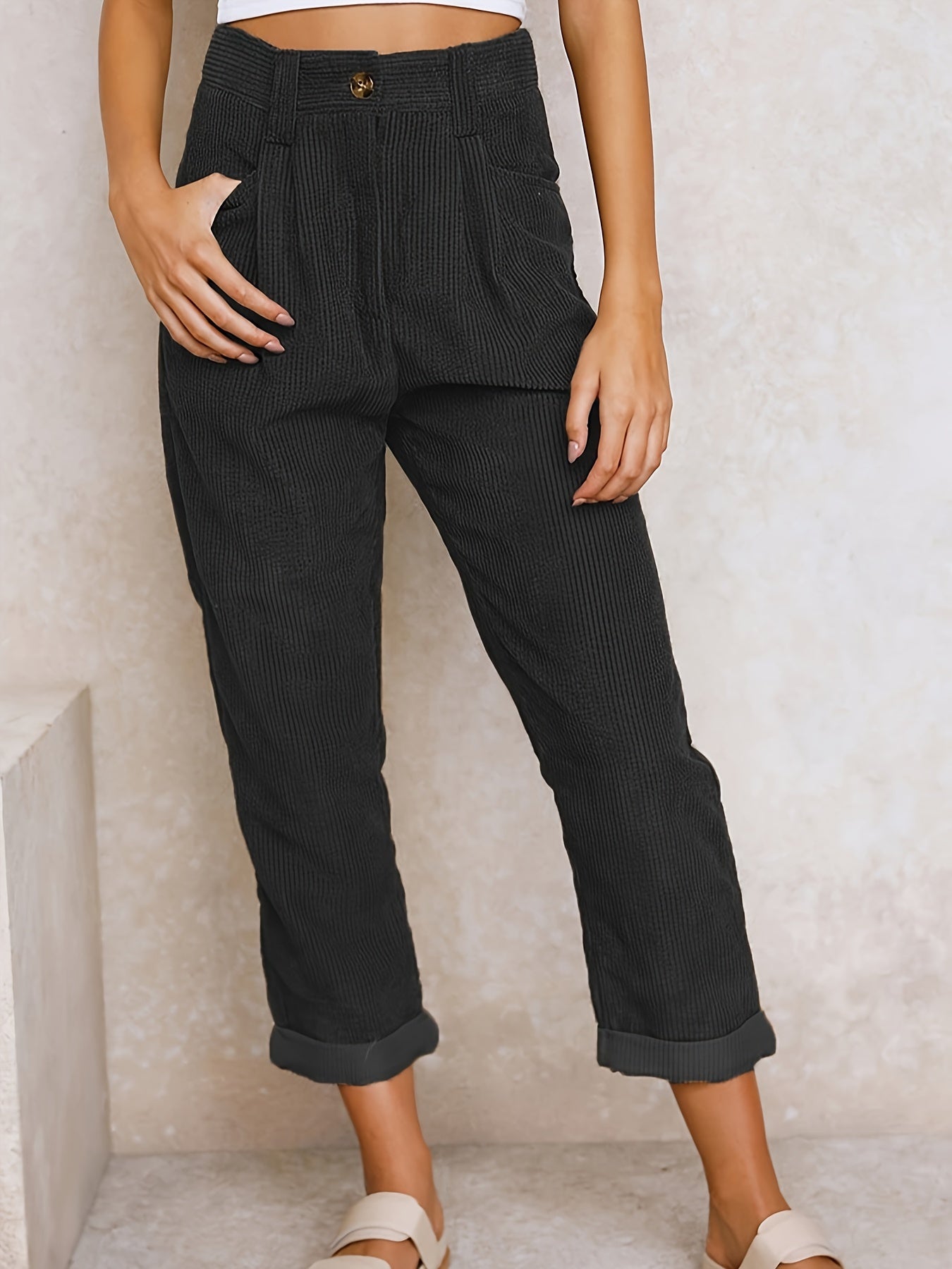 Pantalon Décontracté Coupe Relax avec Poches pour Femme