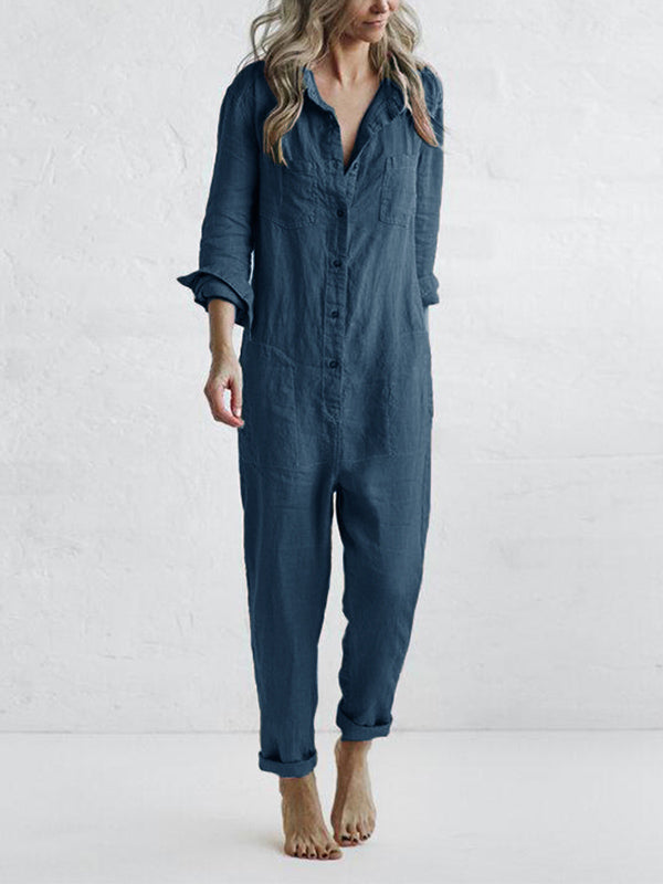 Combinaison femme manches longues col chemise coupe décontractée style casual chic