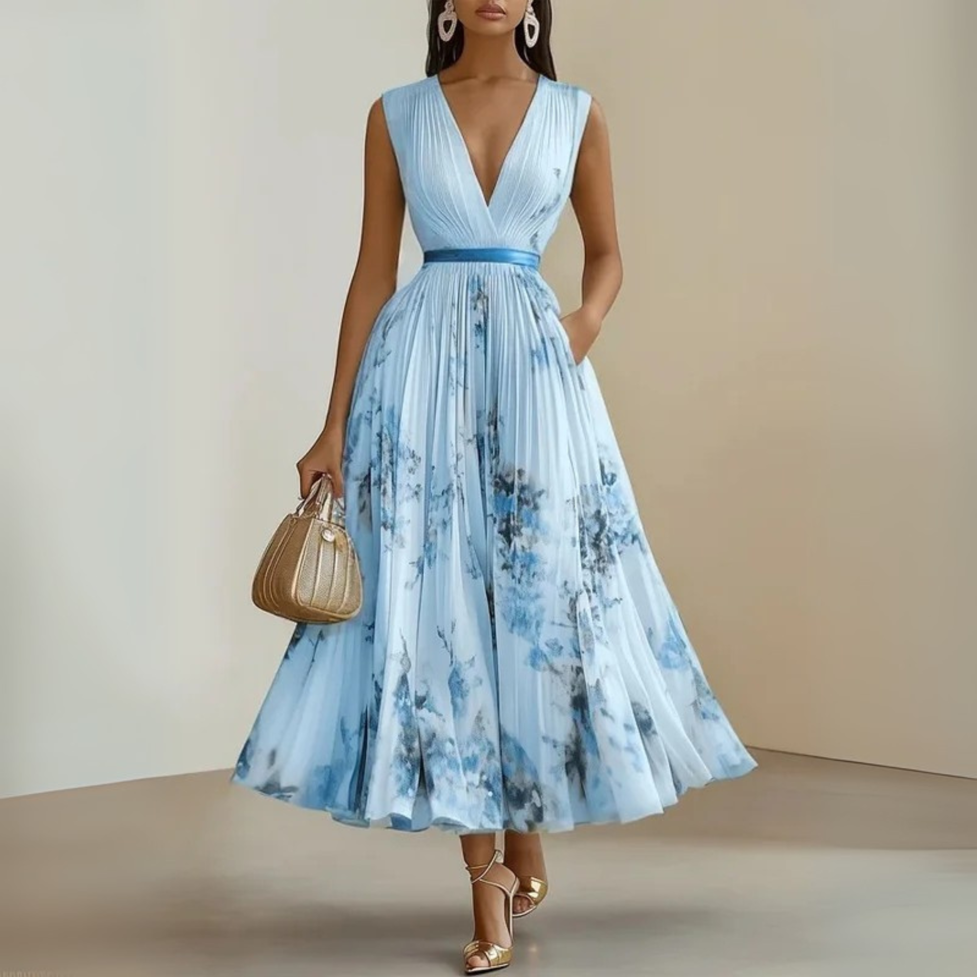 Robe midi femme sans manches col V imprimé floral taille cintrée élégante