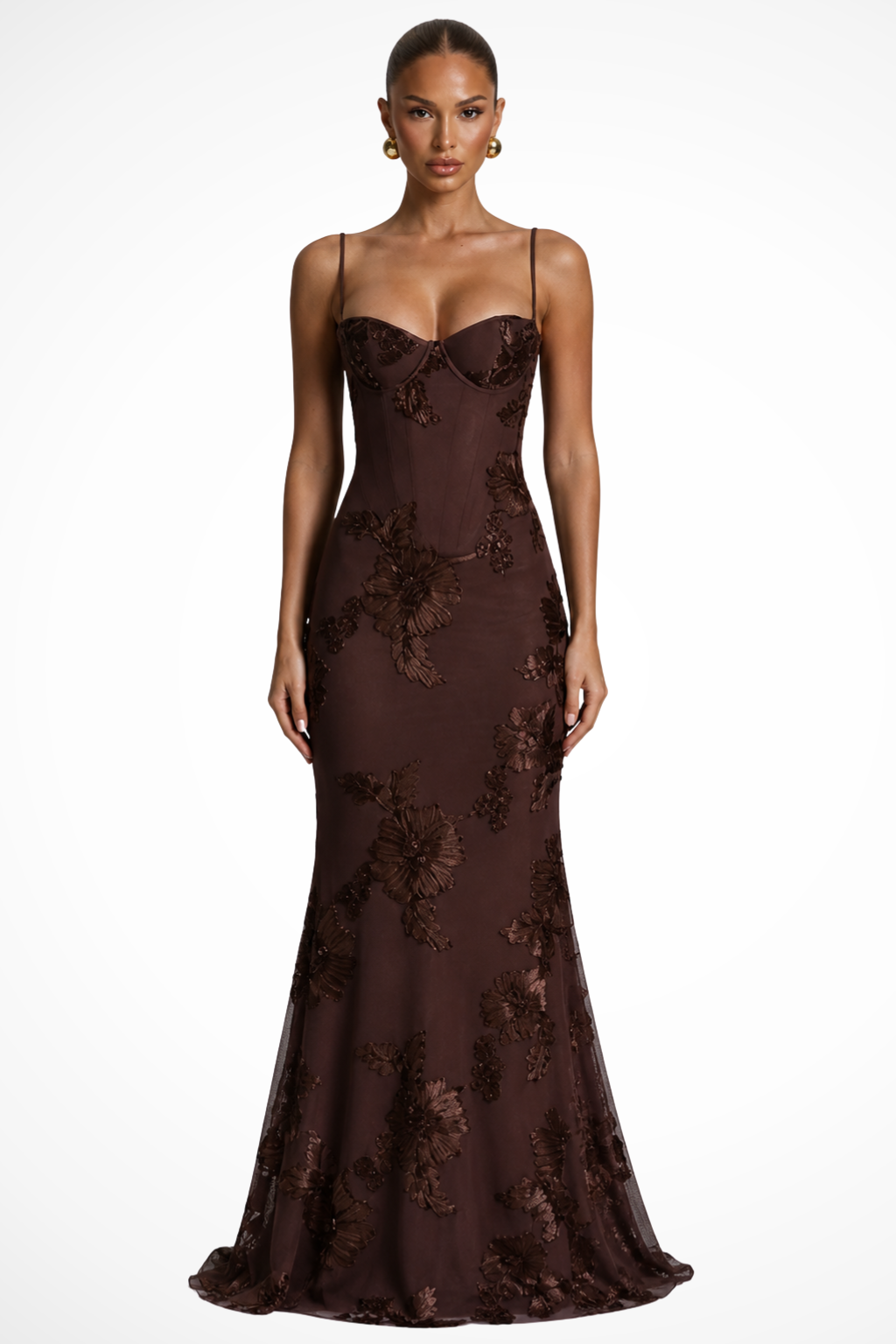 Robe Longue Sirène Femme à Bretelles Fines et Dentelle Florale Élégante