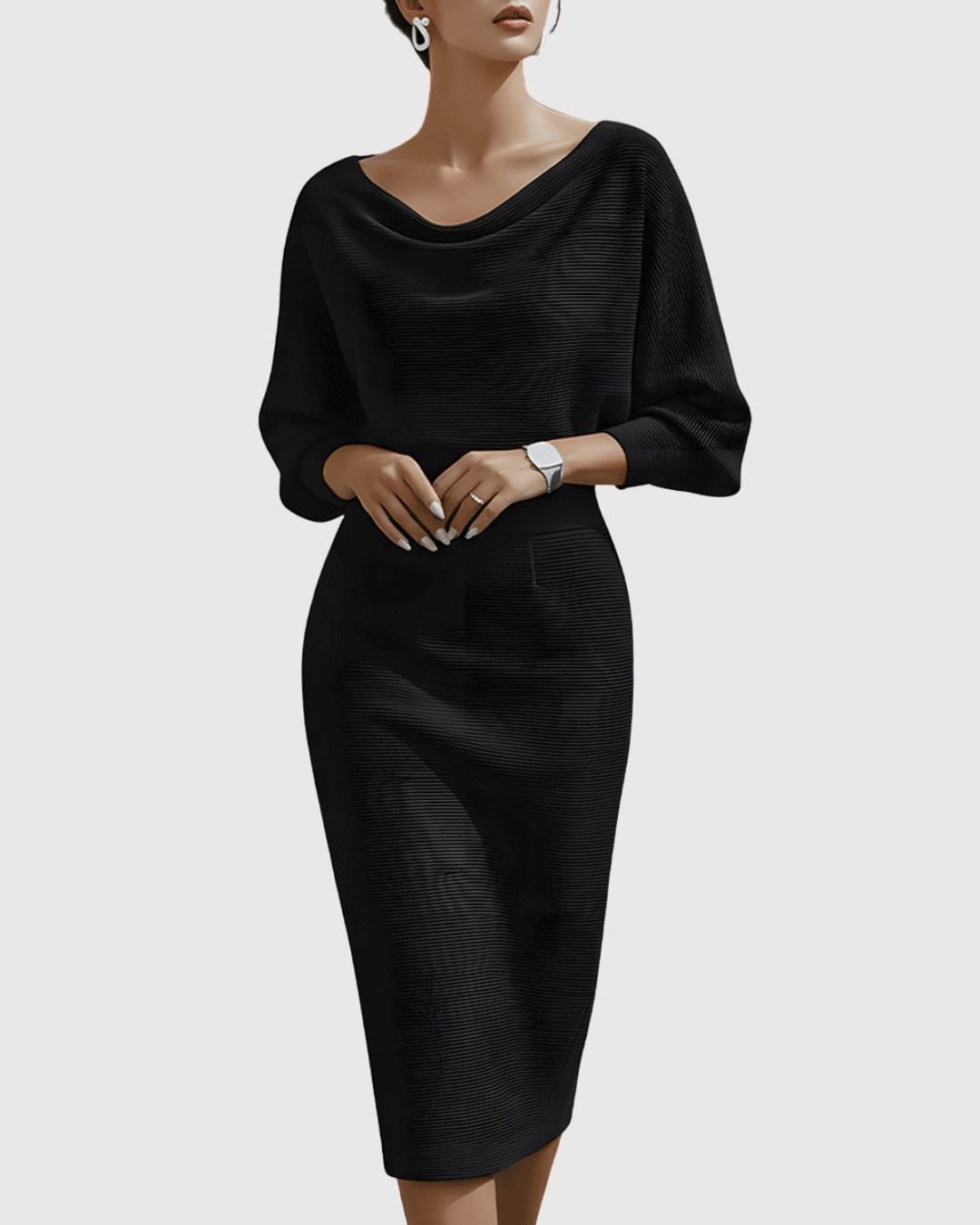 Draped Midi Dress with Batwing Sleeves for Women