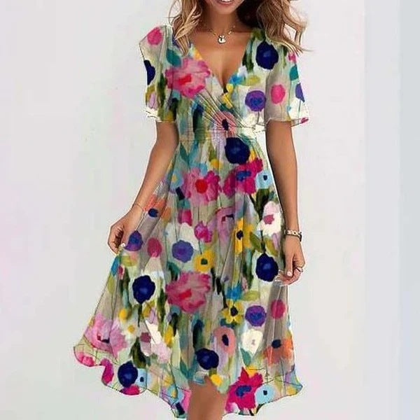 Robe midi d'été à imprimé floral et col en V pour femme