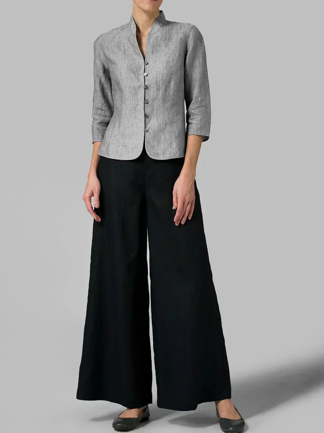 Chemisier Femme Col Mao Boutonné – Haut Élégant à Manches 3/4